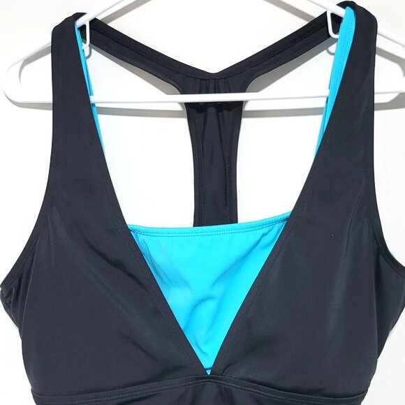 Reebok One Piece Swimsuit 14 Women's Black Blue T-Back Double Straps Padded - Picture 2 of 4
